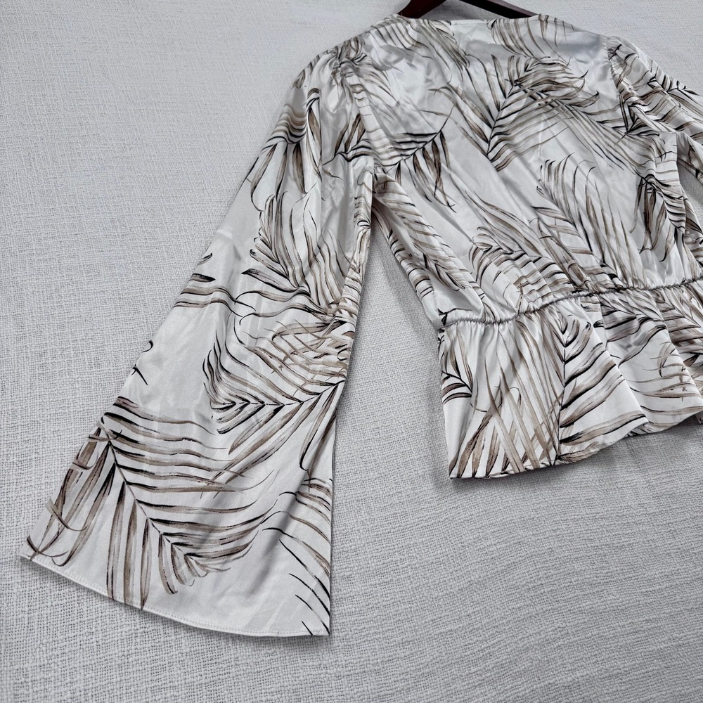 White House Black Market Palm Print Satin Peplum Blouse Bell Sleeve Neutral Boho - Picture 10 of 11